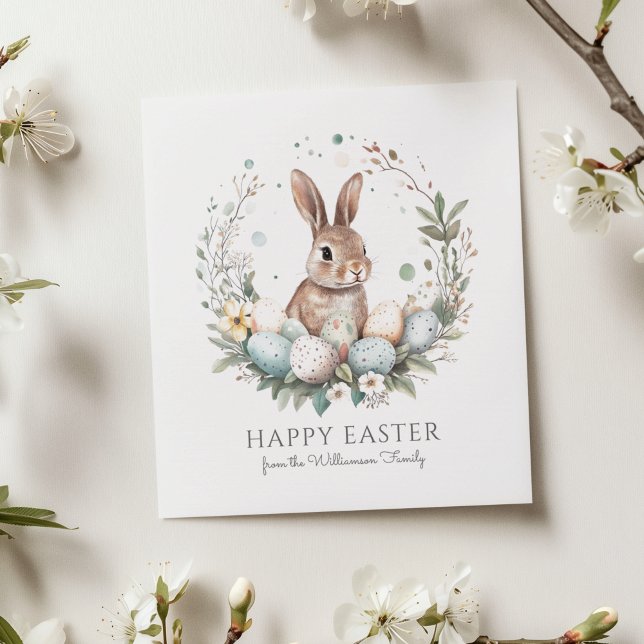 Cute Bunny Eggs Garland Wreath Personalised Easter Card (Personalize with family name, editable message on reverse.  Matching items available)