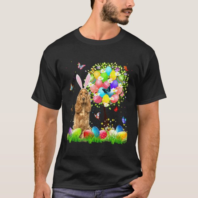 Cute Bunny English Cocker Spaniel Easter Eggs Tree T-Shirt (Front)