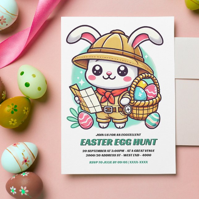 Cute Bunny Explorer Easter Egg Hunt Invitation (Invite friends and family to an eggcellent Easter egg hunt with this adorable invitation!)