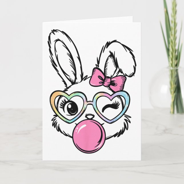Cute Bunny Face Bubblegum Gles Pink Coquette Bow E Card (Front)
