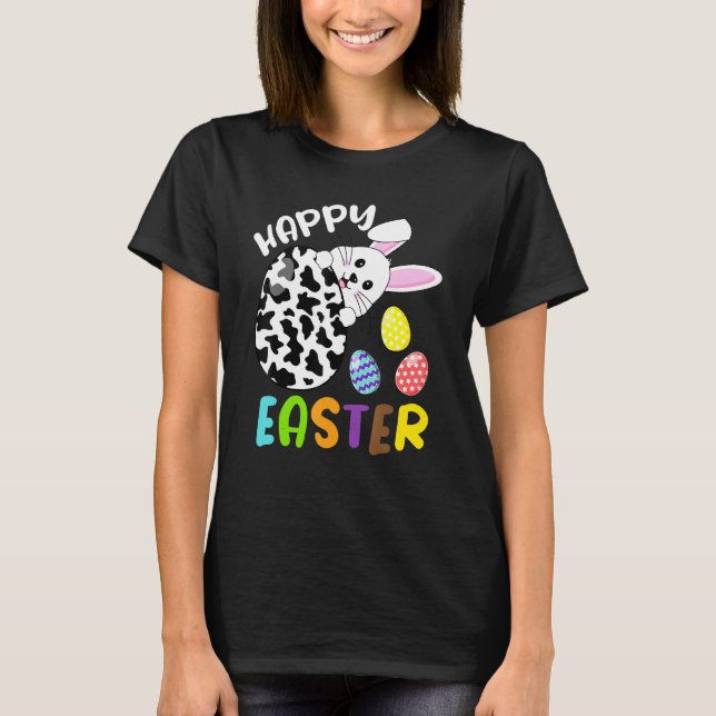 Cute Bunny Face Easter Egg Cow Print Happy Easter T-Shirt (Front)