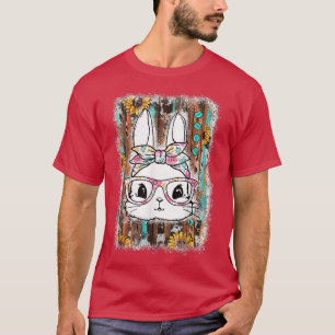 Cute Bunny Face Floral Glasses Easter Day Turquois T-Shirt