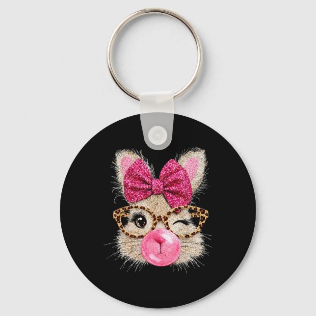 Cute Bunny Face Gles Pink Bubble Gum Rabbit Happy  Key Ring (Front)