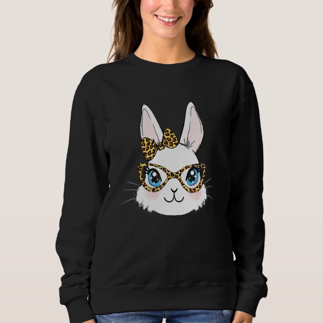 Cute Bunny Face Leopard Glasses Bow Happy Easter D Sweatshirt (Front)
