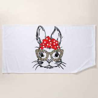 Cute Bunny Face Leopard Print Red Bandanna Rabbit  Beach Towel