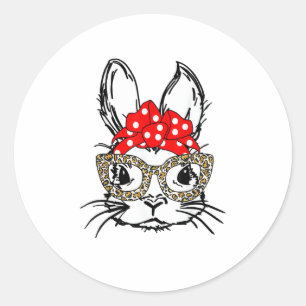 Cute Bunny Face Leopard Print Red Bandanna Rabbit Classic Round Sticker