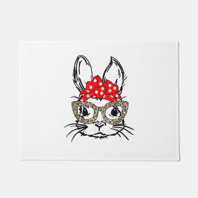 Cute Bunny Face Leopard Print Red Bandanna Rabbit  Doormat (Front)