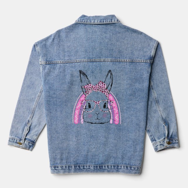 Cute Bunny Face Leopard Rainbow Tie Easter Day Gir Denim Jacket (Back)