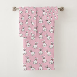 Cute Bunny Face Pattern on Light Pink Bath Towel Set