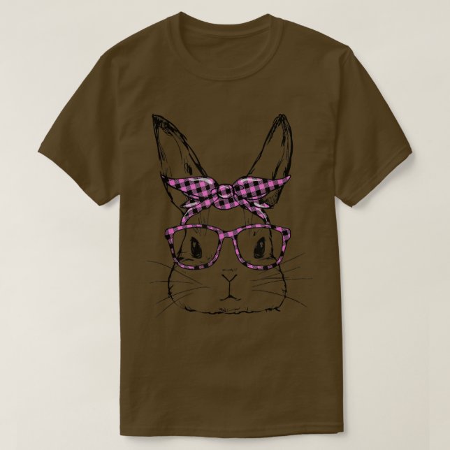 Cute Bunny Face Pink Buffalo Plaid Glasses Happy E T-Shirt (Design Front)
