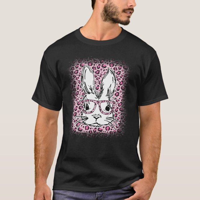 Cute Bunny Face Pink Leopard Bleached Happy Easter T-Shirt (Front)