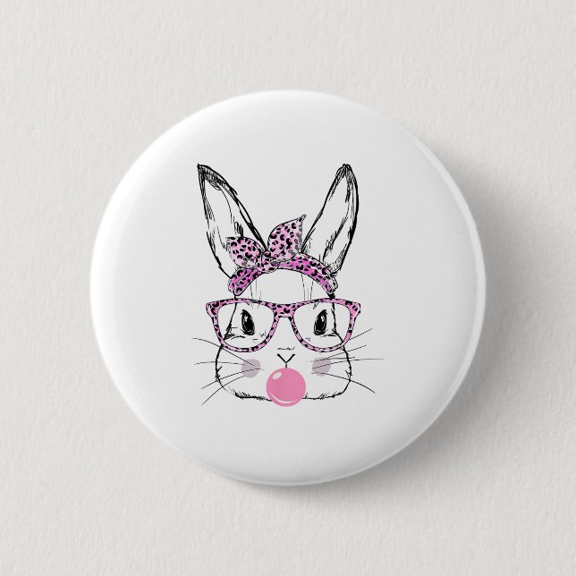 Cute Bunny Face Pink Leopard Glasses Bubblegum Eas 6 Cm Round Badge (Front)