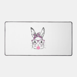Cute Bunny Face Pink Leopard Glasses Bubblegum Eas Desk Mat
