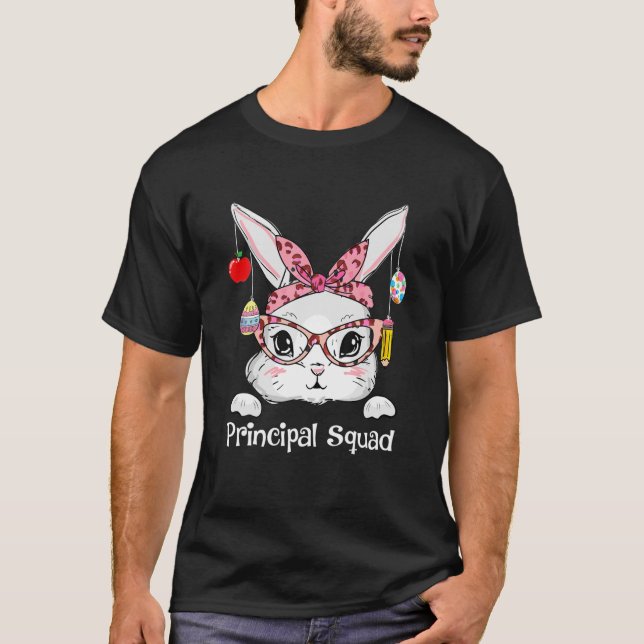 Cute Bunny Face Principal Squad Leopard Easter Mat T-Shirt (Front)
