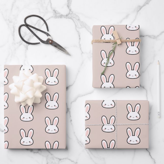 Cute Bunny Face Rabbit Pattern Wrapping Paper Shee (Front)