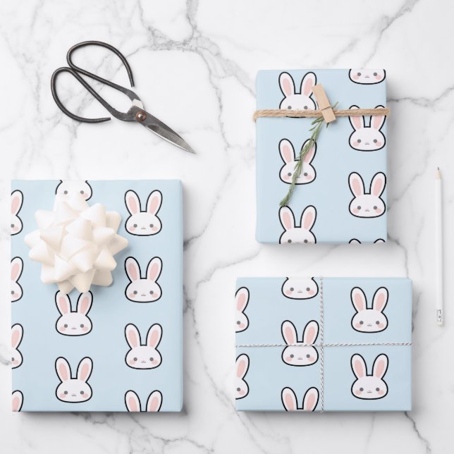 Cute Bunny Face Rabbit Pattern Wrapping Paper Sheet (Front)