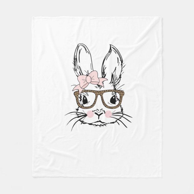Cute Bunny Face Shirt Leopard Print Glasses EASTER Fleece Blanket (Front)