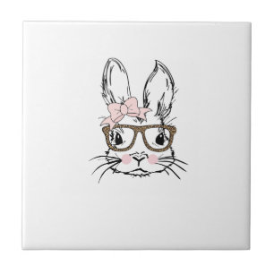 Cute Bunny Face Shirt Leopard Print Glasses EASTER Tile