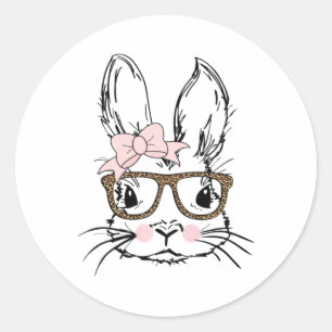 Cute Bunny Face Shirt Leopard Print Gles Easter Gi Classic Round Sticker