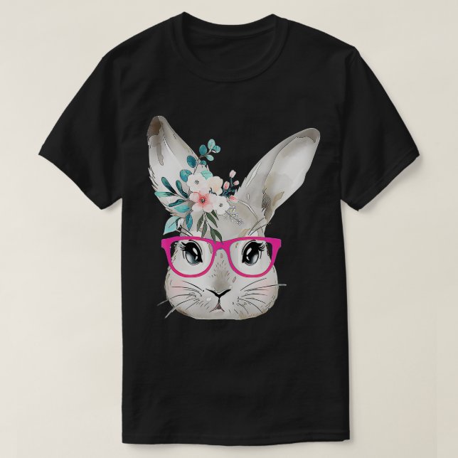 Cute Bunny Face With Floral Pink Glasses, Easter R T-Shirt (Design Front)
