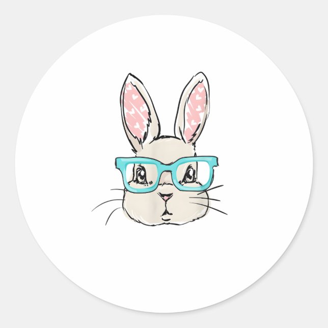 Cute Bunny Face With Pink Glasses, Easter Rabbit F Classic Round Sticker (Front)
