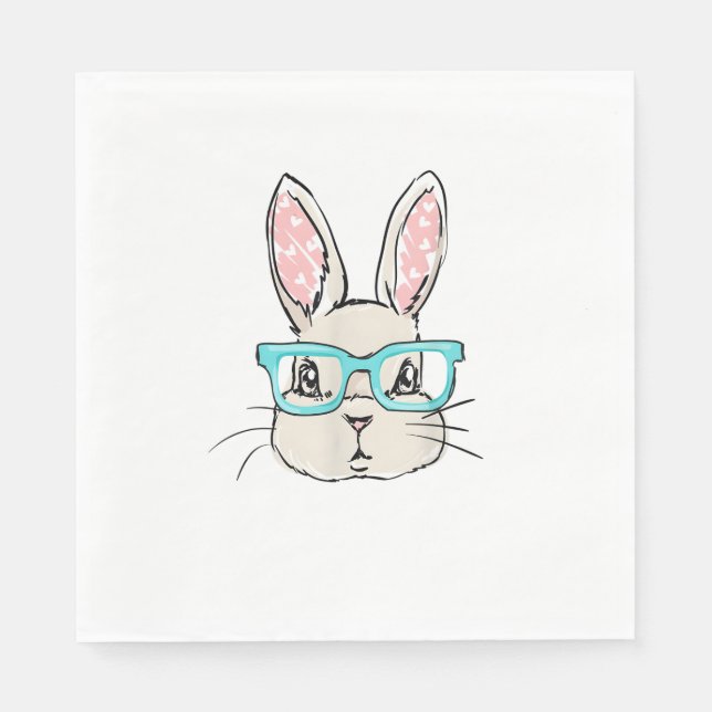 Cute Bunny Face With Pink Glasses, Easter Rabbit F Napkin (Front)