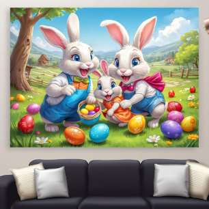 Cute bunny family celebrating Easter with eggs  Poster