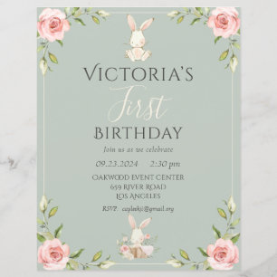 Cute Bunny First Birthday Green Budget Invitation