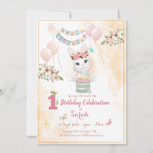 Cute Bunny First Birthday Invitation Card (Front)