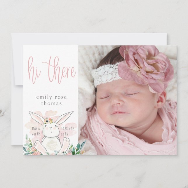 Cute Bunny Floral Baby Girl Birth Announcement (Front)