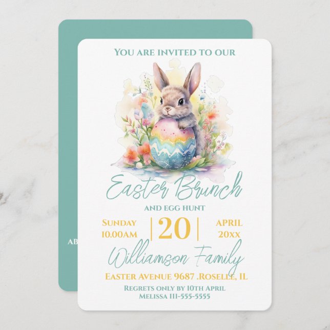 Cute Bunny Floral Easter Brunch  Invitation (Front/Back)