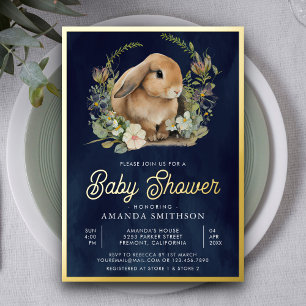 Cute Bunny Floral Navy Blue Baby Shower Gold