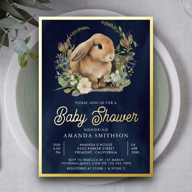 Cute Bunny Floral Navy Blue Baby Shower Gold (Creator Uploaded)
