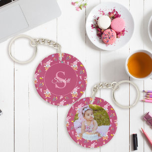 Cute Bunny Floral Pattern Monogram Photo Magenta Key Ring