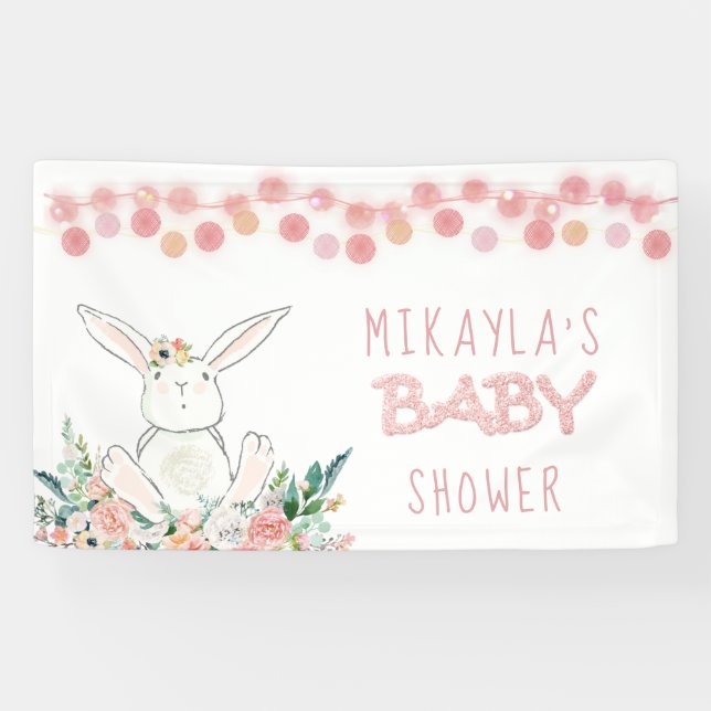 Cute Bunny Floral Rose Gold Glitter Baby Shower Banner (Horizontal)