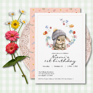Cute Bunny Floral Spring First Birthday Invitation