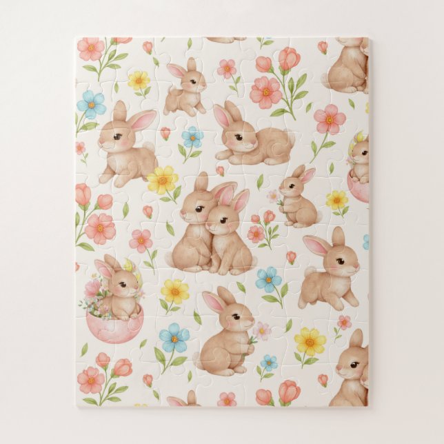 Cute Bunny Floral Spring Pattern Jigsaw Puzzle (Vertical)