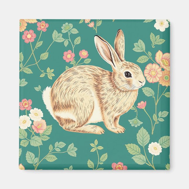 Cute Bunny Floral Teal Pattern Magnet (Front)