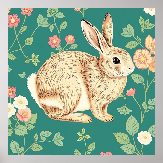 Cute Bunny Floral Teal Pattern Poster (Front)