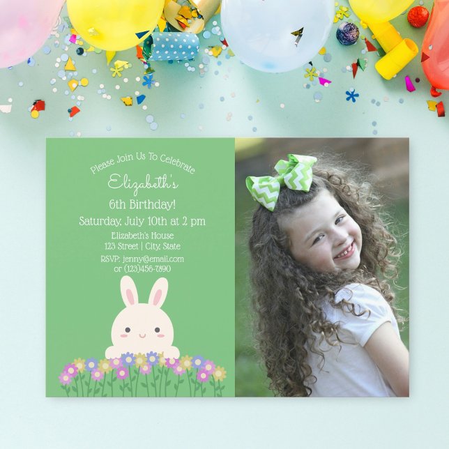 Cute Bunny & Flower Sage Green Kids Birthday Photo Invitation (Creator Uploaded)