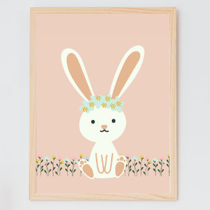 Cute Bunny Flowers Pink Kids Nursery Wall Art