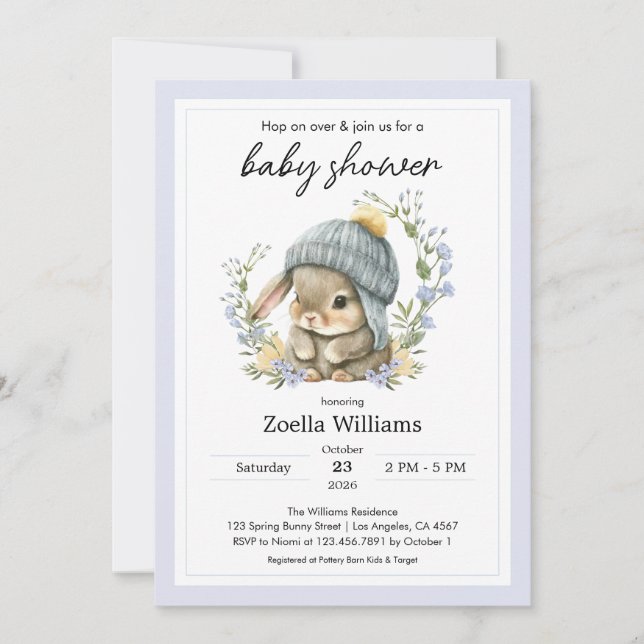 Cute Bunny Flowers Spring Baby Shower Invitation (Front)