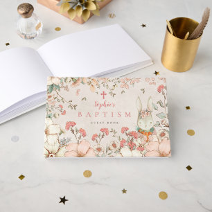 Cute Bunny Foliage Girl Blush Baptism Guest Book
