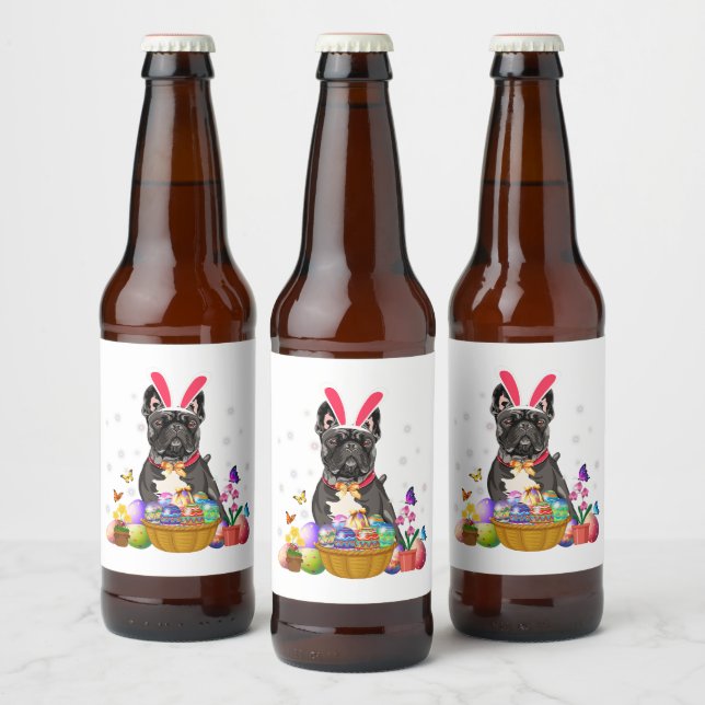 Cute Bunny French Bulldog Easter Day Eggs Basket Beer Bottle Label (Bottles)