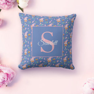 Cute bunny garden pattern Monogram Name Blue Cushion