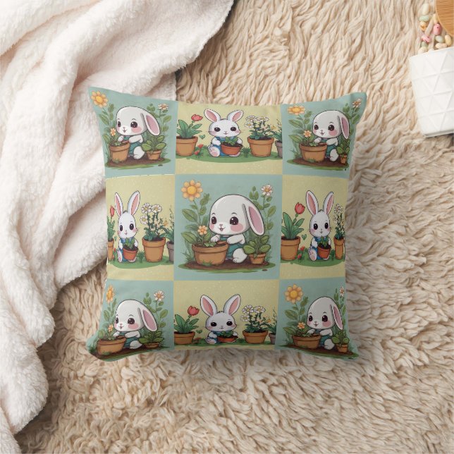 Cute Bunny Gardening Print Cushion (Blanket)