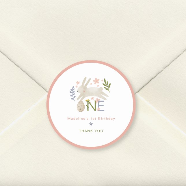 Cute Bunny Girl 1st Birthday Thank You Classic Round Sticker (Creator Uploaded)