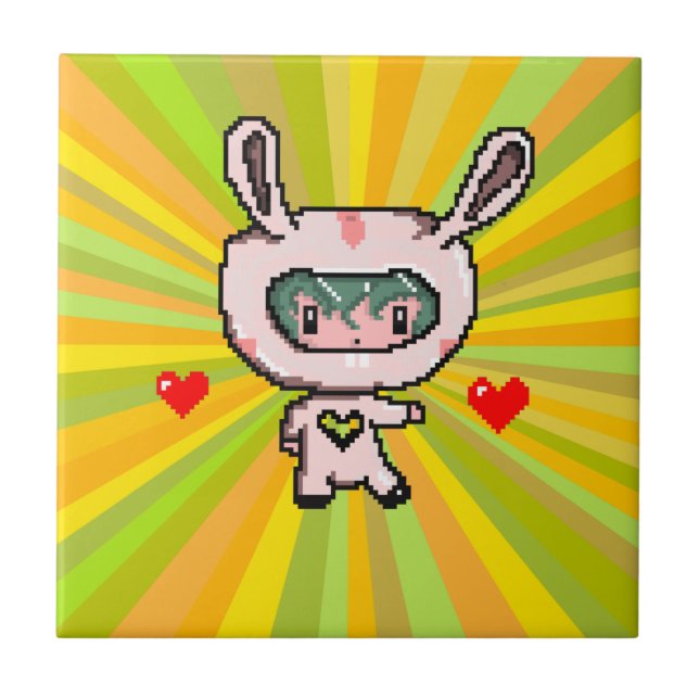 Cute Bunny girl 8 bit pixel art yellow psychedelic Tile (Front)