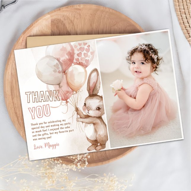 Cute Bunny Girl Birthday Party Photo Thank You Card (Creator Uploaded)