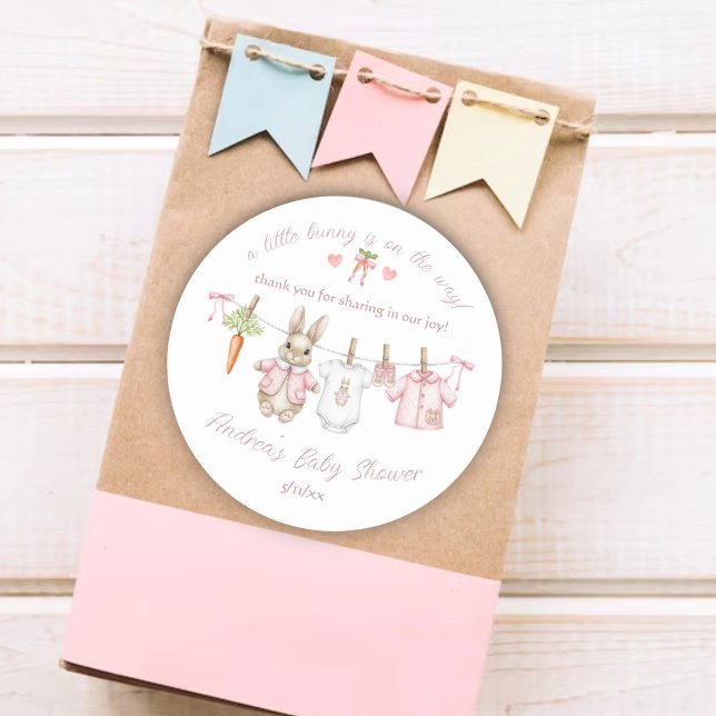 Cute Bunny Girl Clothesline Baby Shower Thank You Classic Round Sticker (Creator Uploaded)